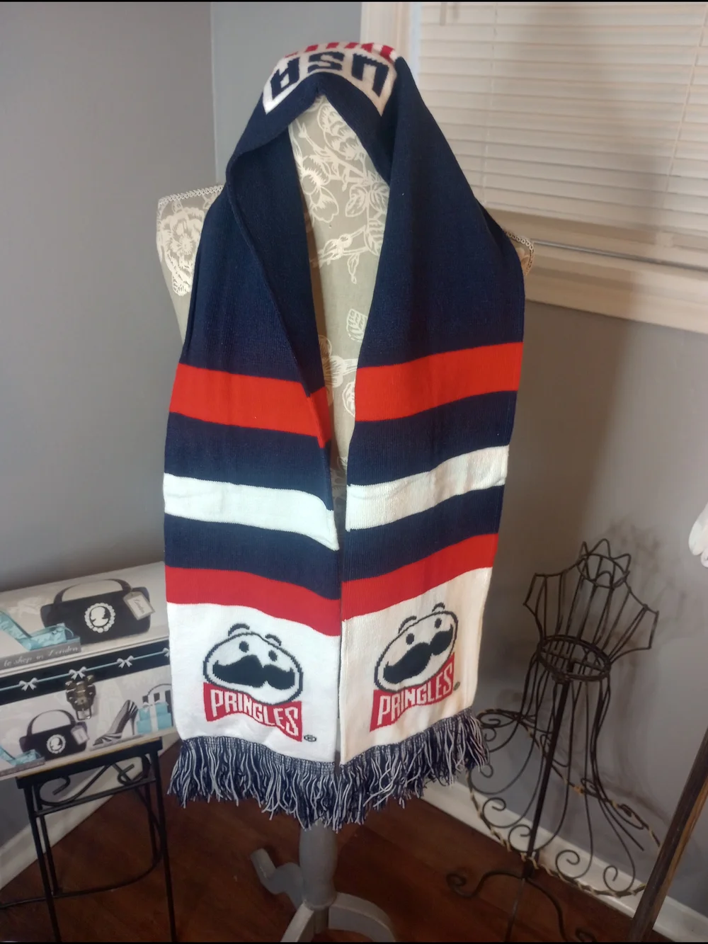 Pringle Navy, Red & White Striped Logo Scarf